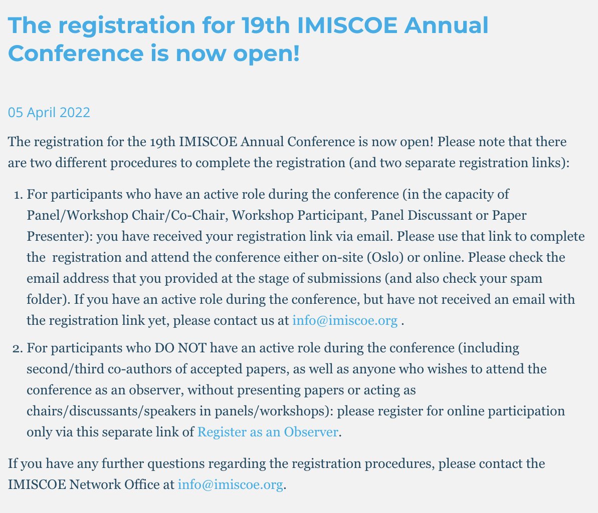📢EXTENDED early-bird registration‼️
🔴New deadline: 06/05/2022
✅Complete your early-bird registration📋for the 19th IMISCOE Annual Conference in Oslo &amp; Online (Hybrid)
👀Check the registration process here: imiscoe.org/conference/new…
<a href="/OsloMet/">OsloMet</a>, <a href="/PRIOresearch/">PRIO</a>, @ISFnytt, @Fafoinfo