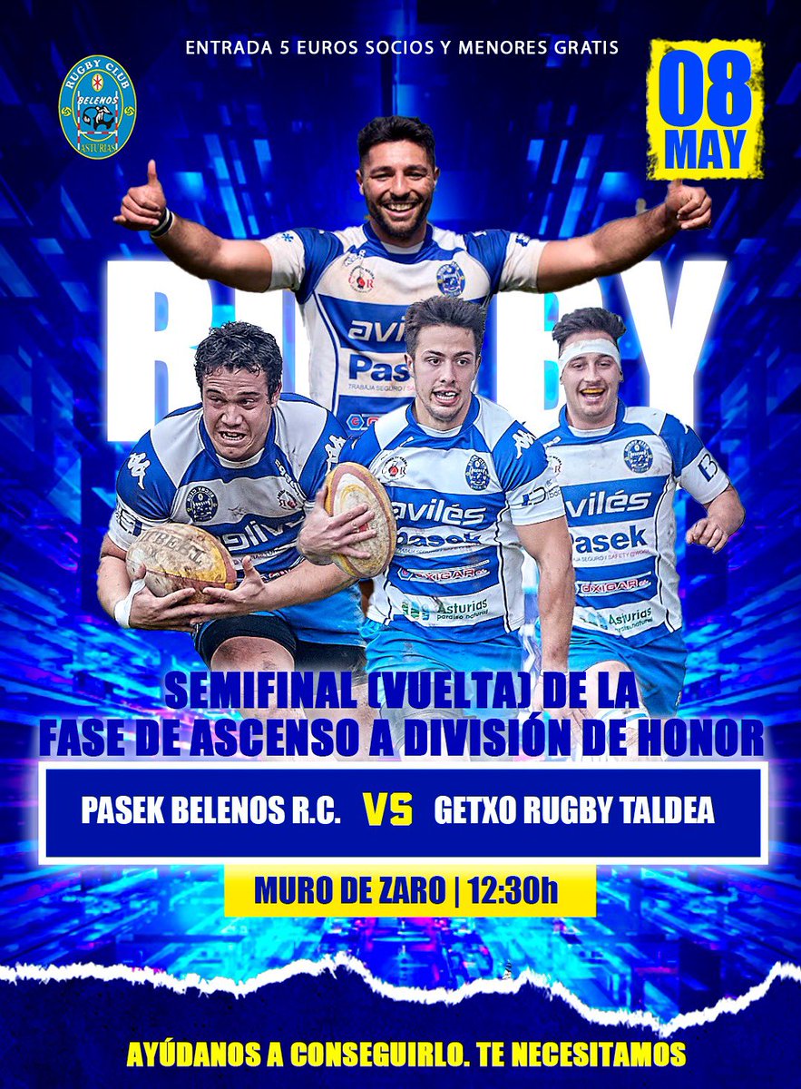 ¡RT A ESTO PARA QUE TODO AVILÉS SE ENTERE DE QUE EL DOMINGO 8 DE MAYO TIENE UNA CITA CON EL PASEK BELENOS A LAS 12:30 EN EL MURO DE ZARO! 💪🏼🤍💙  

#DaleBelenos #JuntosPorUnSueño #UnClubUnaFamilia 🏉⚪️🔵