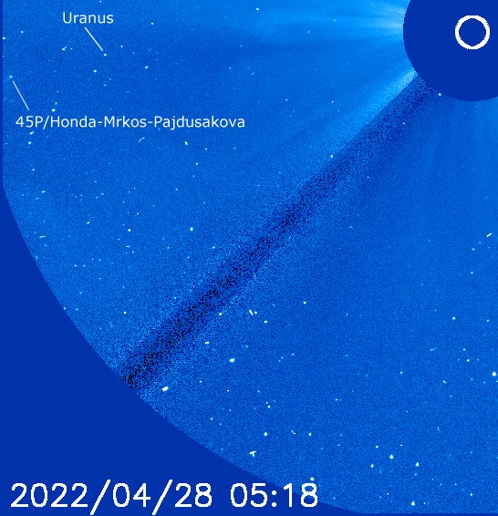 Many comet watchers may not aware that comet 45P/Honda–Mrkos–Pajdusakova is already observed in this apparition. The comet first detected in SOHO LASCO C2 on April 16 (by <a href="/zhijian_xu/">Zhijian Xu</a>) and later appeared in LASCO C3 (April 21-28) with a much brighter than expected magnitude