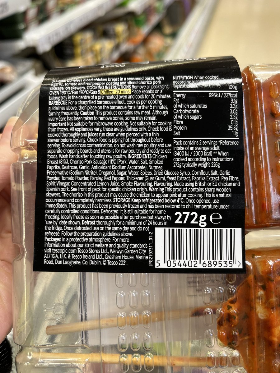 Pea fibre though? I’ve been buying chicken & chorizo kebabs in @Tesco for a few years and they’ve never had pea in them before #everylabeleverytime