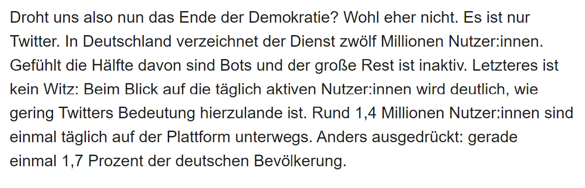 MattBannert's tweet image. Ein oft gemachter Fehler: Relevanz gleichsetzen mit Reichweite. @t3n plappert, dass Twitter ja nicht relevant sei, weil "nur" 1,4 Mio Deutsche dort sind. Das sind mehr als Bild Zeitungen verkauft oder 1,2 Mio mehr als #t3n Newsletter-Abonnenten hat. Entscheidend ist der Impact.