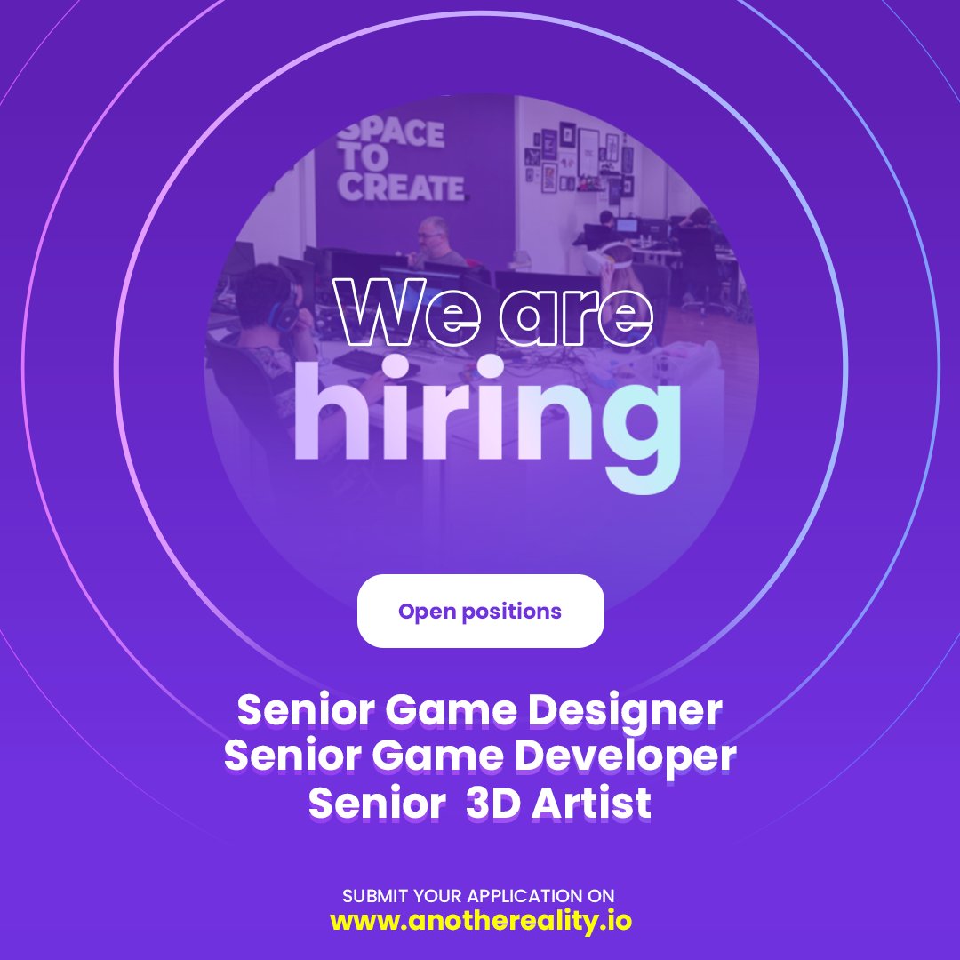 WE ARE HIRING! 📣 Il team #AnotheReality è alla ricerca di tre figure senior da aggiungere alla squadra:

➡️ Senior Game Developer
➡️ Senior Game Designer
➡️ Senior 3D Artist 

Invia la tua candidatura su: bit.ly/AnotheRealityC…

#gamedesigner #3dartist #gamedev
