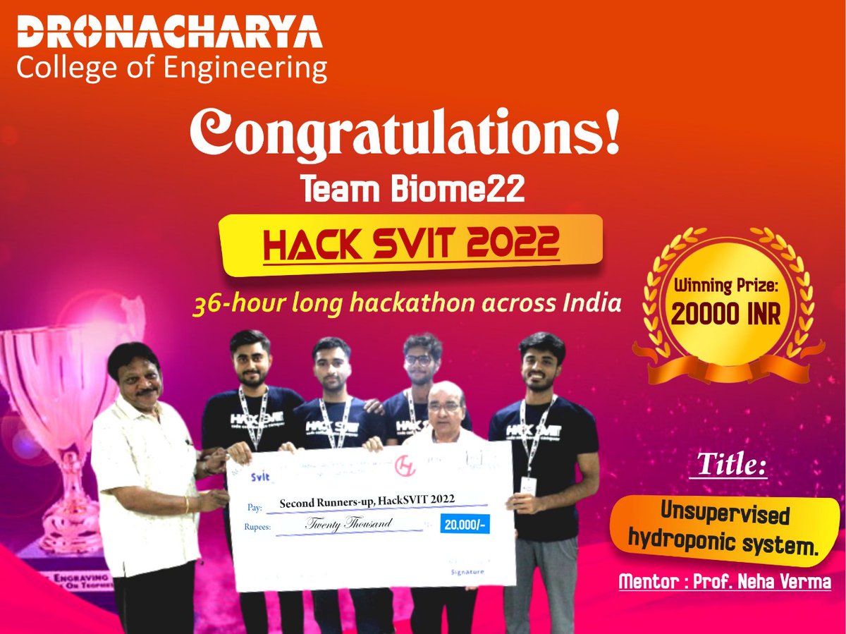 dronacharya_123's tweet photo. 36 Hour long hackathon across India
Congratulations to the Winners of "HACK SVIT 2022"
Title: Unsupervised Hydroponic System
Mentor : Prof. Neha Verma
#HackSVIT#hackathon#DronacharyaCollegeofEngineering#bestengineeringcollege#topengineeringcollege#bestplacement#multipleplacement https://t.co/OLf5Ci2v2S