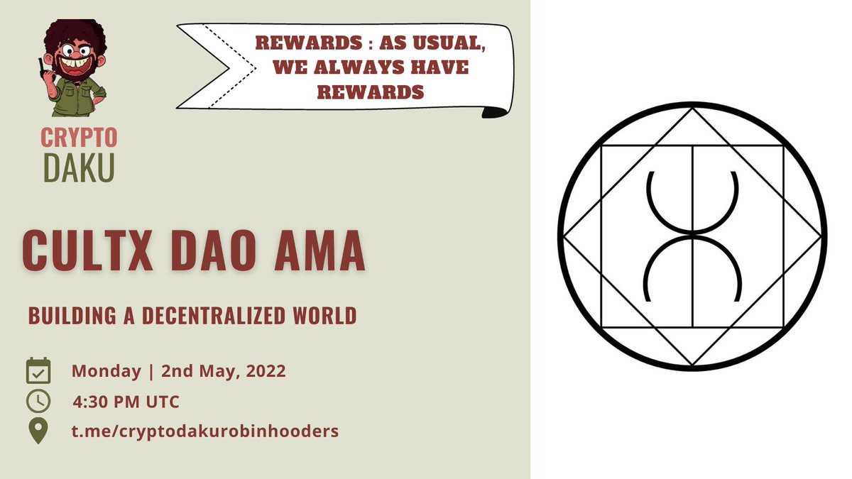 CryptoDaku_'s tweet photo. AMA Time : Welcome CultX DAO @CultxDao

Time:- 2nd May at 4:30pm UTC

Reward: as usual :) we always have rewards :)  

Countdown:-https://t.co/cp9szwBaKY
Venue:- https://t.co/uZ6pgmz2aY https://t.co/m3NaMbcKbS