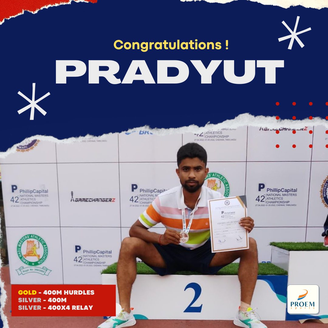ProemSports's tweet photo. His achievements include:

🥇Gold -  400M Hurdles
🥈Silver -  400M
🥈Silver -  400 x 4 Relay
  
We are all excited for his athletic journey to evolve. 

Congratulations Pradyut on making us, your family and your state proud! https://t.co/wcUsBDLZJD