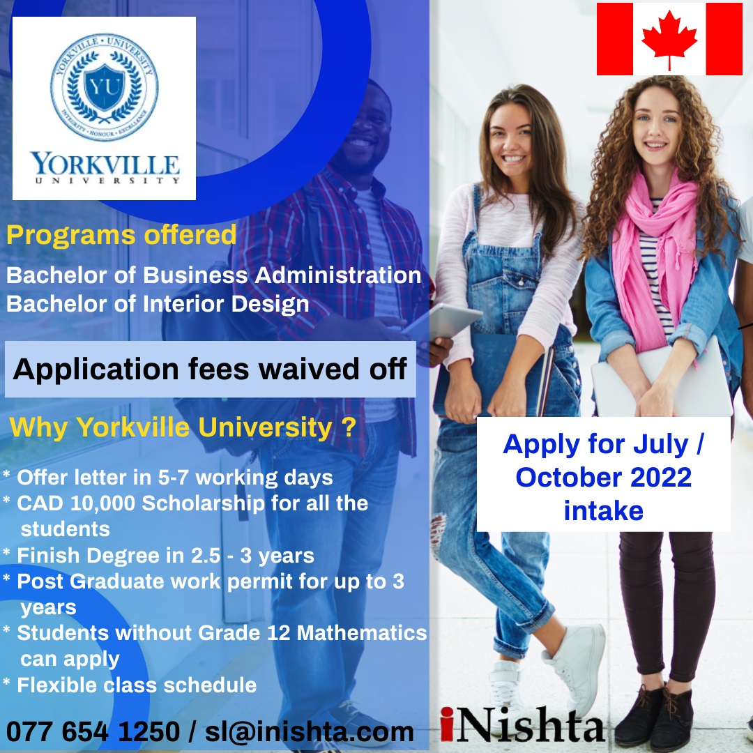 #studyworkliveincanada

Apply for #YorkvilleUniversity -
Toronto or Vancouver location

Apply for #July / #October 2022 intake for free.

CAD 10,000 #Scholarship for all the students

077 654 1250
sl@inishta.com