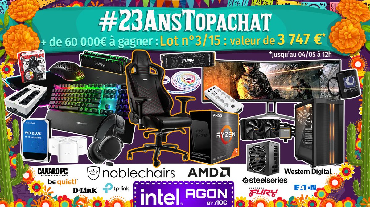 #Concours 🎁 #23AnsTopAchat 🔥 + de 60 000 € à gagner ! 🔥 On enchaine avec le #Lot3 de 3747 € ! Pour participer ☑ #RT ce tweet ☑ Follow @TopAchat Participe aussi sur TikTok / Insta / Facebook / le site ➡ topachat.com/pages/concours… 🍀 TAS le 04/05 à 12h