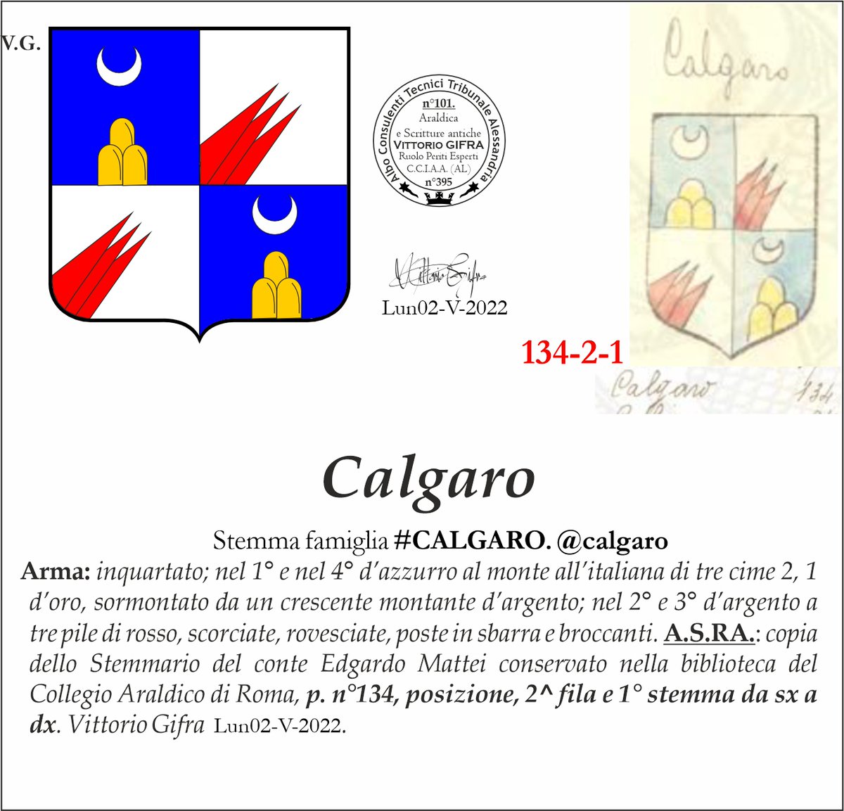 VGIFRA's tweet photo. Stemma famiglia #CALGARO. @calgaro
Arma: inquartato; nel 1° e nel 4° d’azzurro al monte all’italiana di tre cime 2, 1 d’oro, sormontato da un crescente montante d’argento; nel 2° e 3° d’argento a tre pile di rosso, scorciate, rovesciate, poste in sbarra e broccanti. Lun02-V-2022. https://t.co/jOfjZ1ocTQ