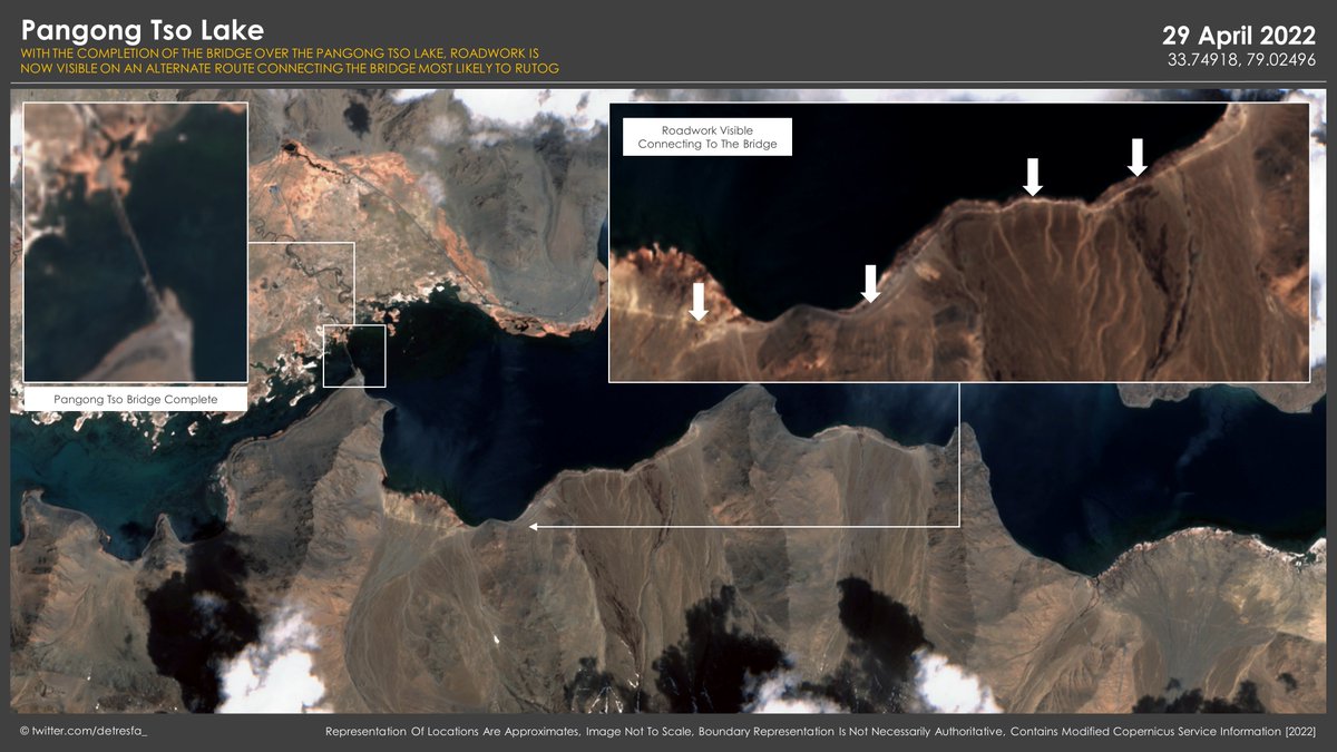 detresfa_'s tweet photo. Further developments to the new Chinese bridge at #PangongTso, recent imagery shows roadworks have begun (as mapped in the quoted tweet) to join the bridge most likely to Rutog, giving #China's PLA troops in the area quicker connectivity through the terrain https://t.co/ELwWr6xE1N