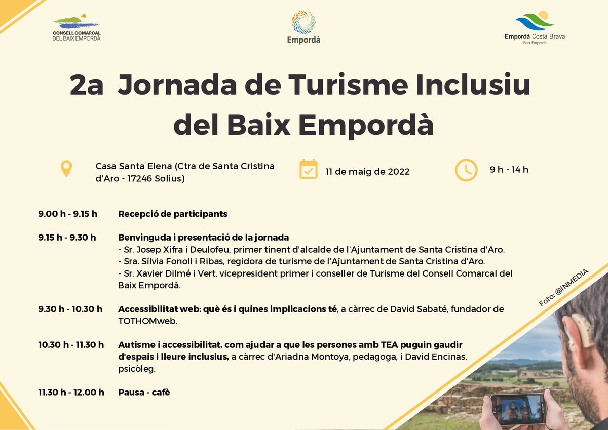 baixemporda_tur's tweet photo. 2a Jornada de #TURISMEINCLUSIU del Baix Empordà! 👩🦽👨🦯🦻👵👨👧
📅11/5
🕘9h
📍Santa Cristina d'Aro
📝 Places limitades. Reserves ☎️📧
Info⬇️
@catexperience @costabrava
#visitemporda #josocemporda #BEinclusiu #Baixempordainclusiu #somtots #turismeaccessible #turismeperatothom https://t.co/5VEIAAIeVP