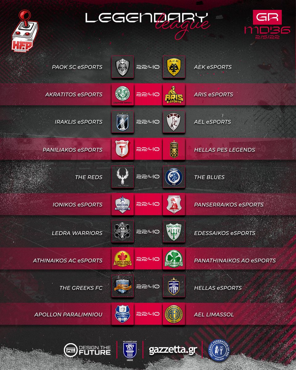 🏆 HFP Hellenic &amp; European League®️ 
📅 Monday 2 May 
🕙 22:00 &amp; 22:40 (GR &amp; CET) 
📍 Week 10 / MatchDay 35/36 &amp; 31/32
🌐  hfplegendaryleague.com

🇬🇷 bit.ly/3ij9Mf7
🌍 bit.ly/3tktVbb

HFP - Editing Team | gazzetta.gr | INTESO