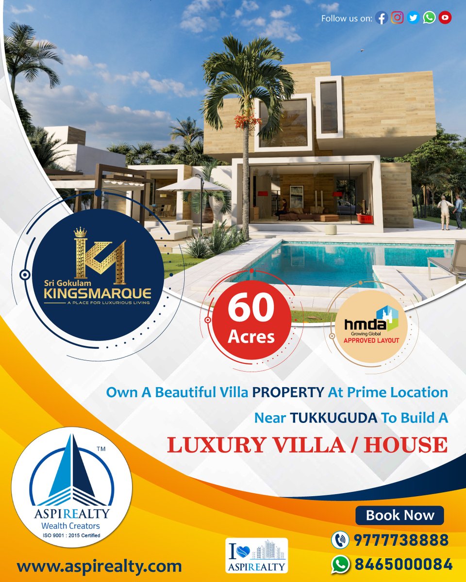 aspirealty's tweet photo. Own A Beautiful Villa Property At Prime Location Near Tukkuguda To Build A Luxury Villa / House.
Call: 9777738888, WA: 8465000084
https://t.co/uyxQCqMP3P, info@aspirealty.com
#Aspirealty #WealthCreators #HMDA #Kingsmarque #HmdaPlotsInTukkuguda #Tukkuguda #GIGACITI #VertexGIGACITI https://t.co/3lsRUYNHlH