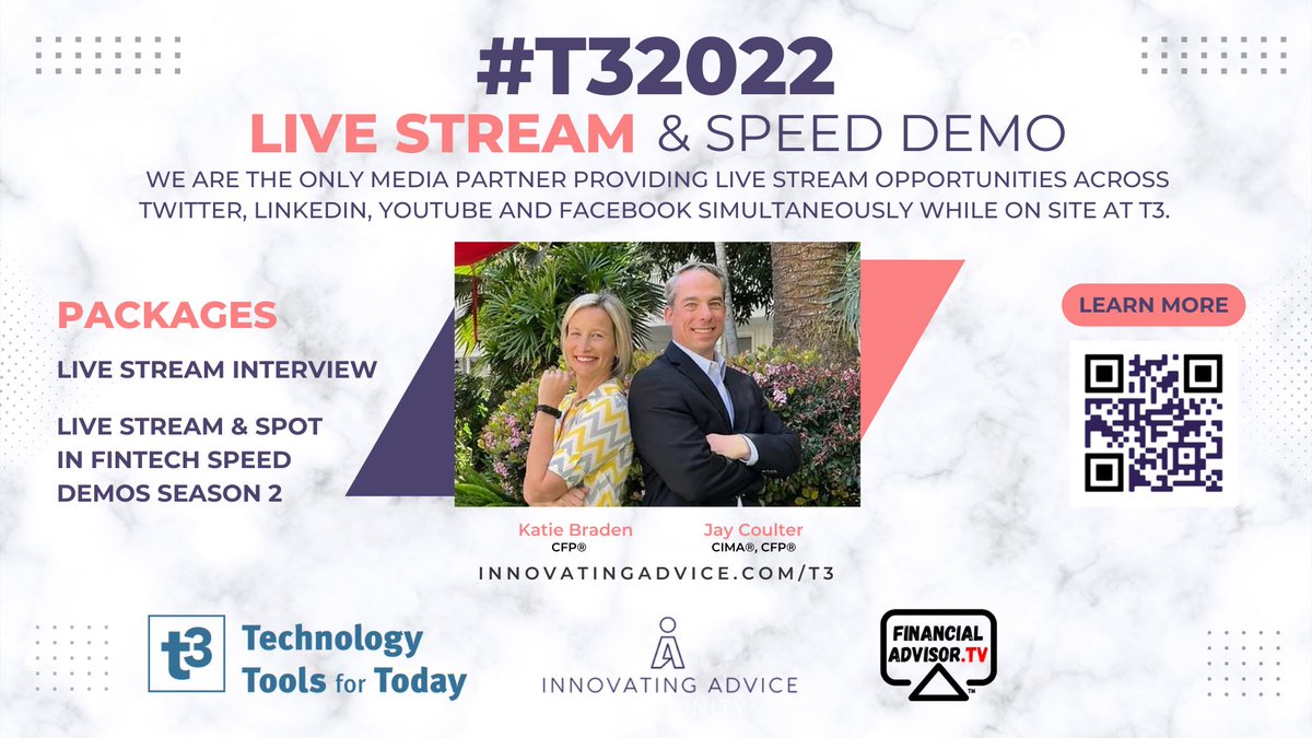 finadvisortv's tweet image. Headed to #T32022? FinancialAdvisor.TV &amp;amp; @InnovatingAdvce can help maximize your exposure. We are the only media partner providing live streaming across Twitter, LinkedIn, YouTube &amp;amp; Facebook simultaneously while on site. innovatingadvice.com/t3
@KatieABraden @sjaycoulter