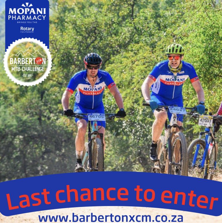 BarbertonXCM's tweet photo. 🔆Final call for entries! 🔆
🌞Perfect weather conditions, beautiful scenery through a UNESCO World Heritage site, water crossings and loads of mountains.
ENTER NOW:https://t.co/gL1YWVwsDT 
#BarbertonXCM #DaisyWarrior
@Cycle_Events @MtbApp @stranners @Mtb_66 @Gawiecombrinck https://t.co/fWjNEtFzhq