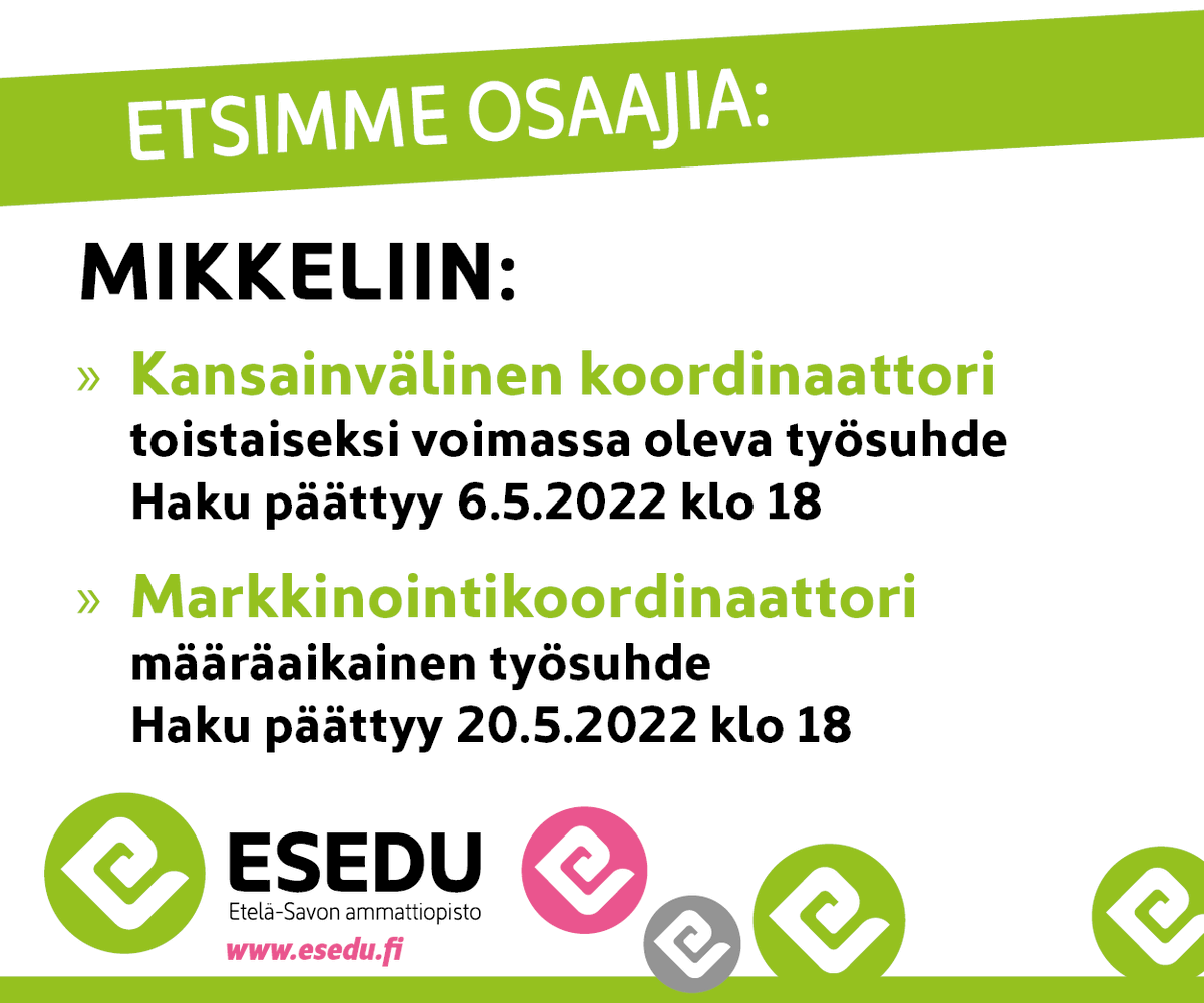 Etsimme osaajia: 
▪️ Kansainvälistä koordinaattoria
▪️ Markkinointikoordinaattoria
Lisätietoja: esedu.fi/tietoa-meista/…

#rekry #rekrytointi #markkinointi #viestintä #kansainvälisyys #ammatillinenkoulutus #esedu #mikkeli #avoimettyöpaikat #avointyöpaikka #työpaikka