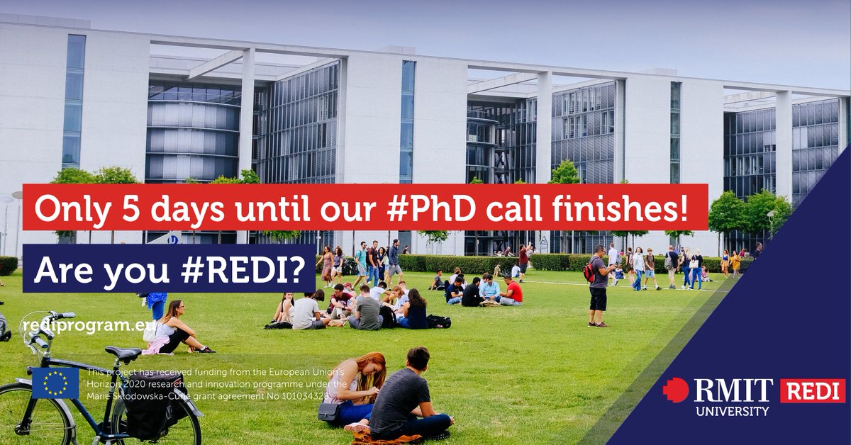 rediprogram's tweet image. Only 5 days until our #PhD call finishes! 📣 
Are you #REDI for a new experience? 
✅20 available #PhDpositions
✅International hosting institutions
✅New challenges and adventures
rediprogram.eu