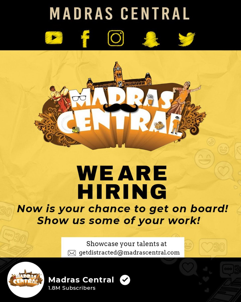 Looking for a creative artist to be part of our team.

Share your creativity at getdistracted@madrascentral.com and it's time to show your talents to the world!

#hiring #wanted #talents  #MadrasCentral #Youtube  #oppurtunity #jobalert #vacancy #hiringnow #job #alert #vacancy