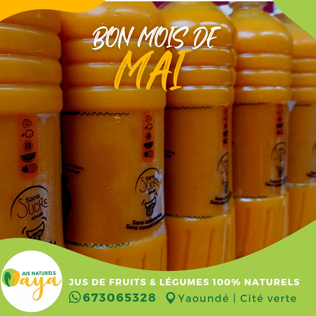 À toi qui lis ce post, nous te souhaitons un mois de mai Fructueux et plein d'opportunités !

📍Yaoundé
📱673 06 53 28 (wa.me/237673065328)

#jusnaturel #jusdefruits #naturaljuice #Juice #Fruity #Bio #healthyfood #Yaoundé #yaoundécameroun #drinks #naturaldrink #naturaldrinks
