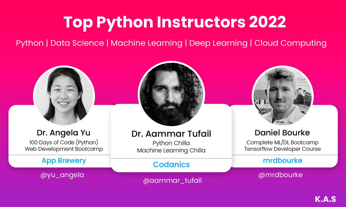 arslanchaos's tweet image. The Top Python Instructors in my humble opinion. Each one of them has a unique way of looking at things. Check them out:
@aammar_tufail , @yu_angela , @mrdbourke 

#Python #DataScience #MachineLearning #CloudComputing #programming