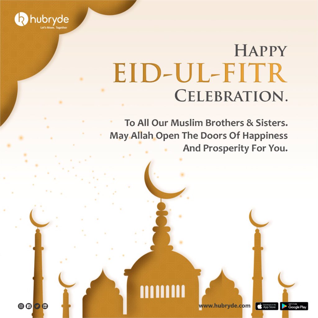 Eid Mubarak to our Muslim faithfuls.
May Allah open the doors of happiness and prosperity for you.

#eidmubarak #EidUlFitr #hubryde #Ramadan