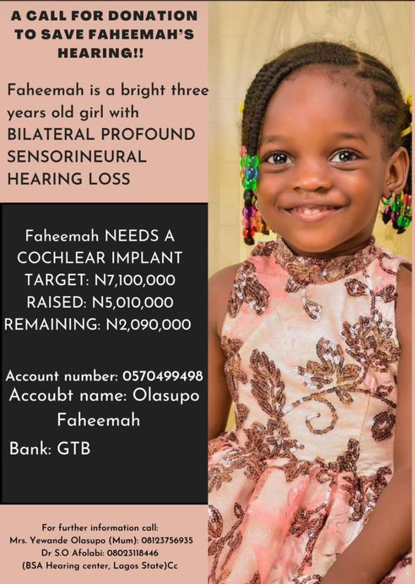 Please help Faheemah, a bright 3 years old girl, save her hearing😞🙏🏽. Kindly RT.