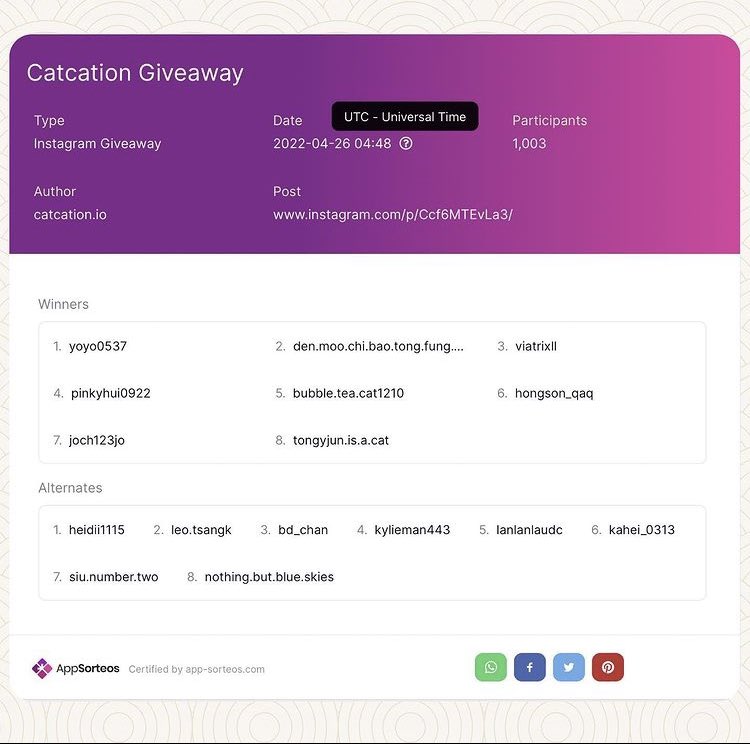 CatcationNft's tweet photo. Lottery result is out! Congratulations to our raffle winners ! Thank you for all your support.
#SneakPeek #cat #NFT #Catcation #staycation #cat #NFTProjects #catlover #NFTcollections #NFTCommunity #NFTdrop #NFTGiveaway #nftart #NFTartists #DAO #nftart #Crypto #Blockchain #ETH https://t.co/2BHYPq3mea