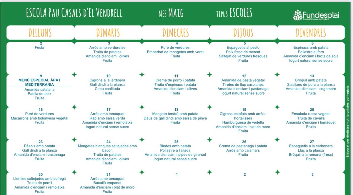 Menú maig escola pau casals🍴
#menu #escola #migdia