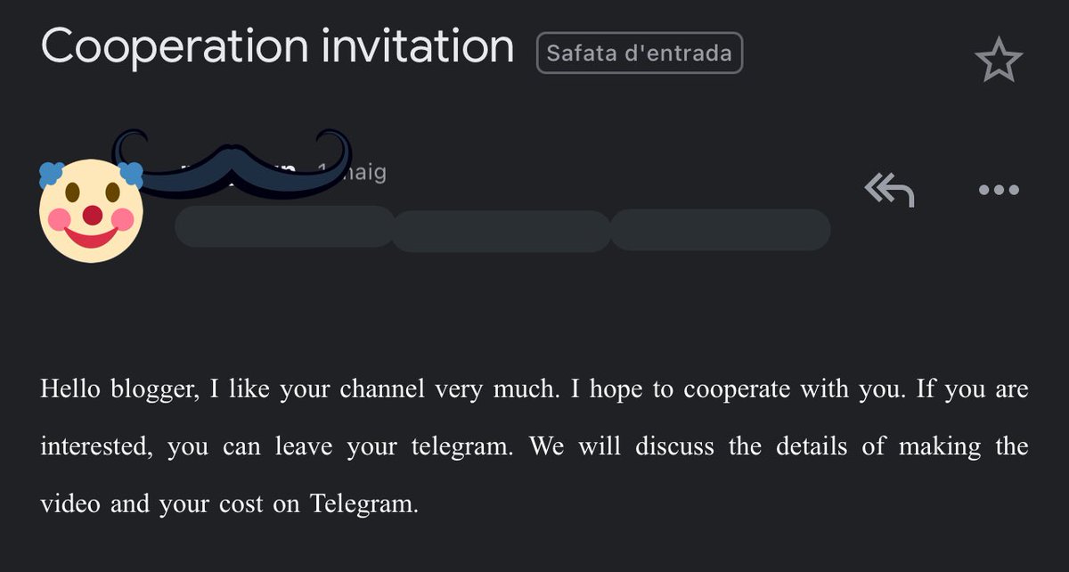 Mail con mala pinta para hacer negocios en telegram
