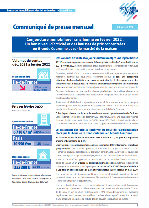 ParisNotaires's tweet photo. Les Notaires du Grand Paris ont publié leur communiqué de presse mensuel sur les chiffres du marché immobilier francilien à fin février 2022.

@NotairesdeParis https://t.co/Ogsy0iHokB