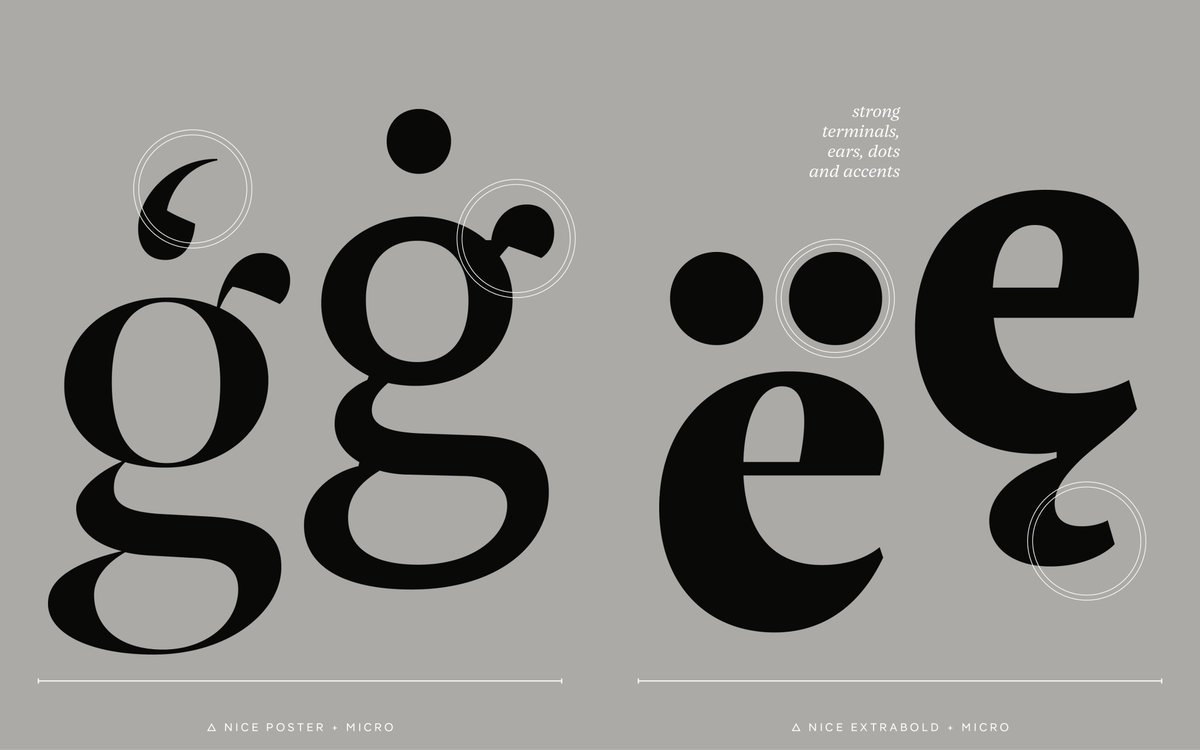 fontwerk's tweet photo. The fact that the #NiceTypeface remains lively despite its efficiency is due to its humanistic characteristics and details: accentuated vertical/subtly curved horizontal serifs; strong drops, dots & accents; elements /w handwritten character or inktraps (in small optical sizes). https://t.co/4hoRT8qsdR
