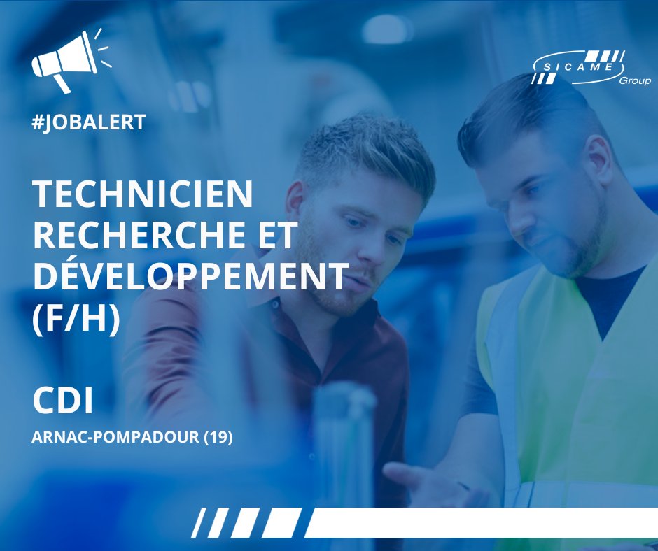 Sicame Group (@sicamegroup) on Twitter photo 📣 #JobAlert 📣
<a href="/SICAMEGROUP/">Sicame Group</a> recherche un technicien #RechercheEtDéveloppement (F/H) !
Le poste est un CDI, basé sur notre site de Pompadour (19).
Pour en savoir + et postuler ▶️ bit.ly/3F5Pxfv 📣 #JobAlert 📣
<a href="/SICAMEGROUP/">Sicame Group</a> recherche un technicien #RechercheEtDéveloppement (F/H) !
Le poste est un CDI, basé sur notre site de Pompadour (19).
Pour en savoir + et postuler ▶️ bit.ly/3F5Pxfv