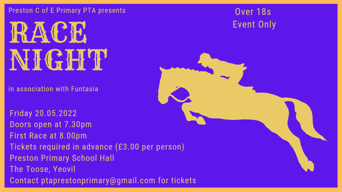 PrestonPrimPTA's tweet photo. Tickets to our forthcoming Race Night is just £3 each. 

To purchase via card, click the link https://t.co/MkjyMxJH8b and pay £3 for each ticket. Please send us a message with the last 4 digits of your card so we can tie the payment up. 

This event is over 18s only! https://t.co/r1qYpvEdoH