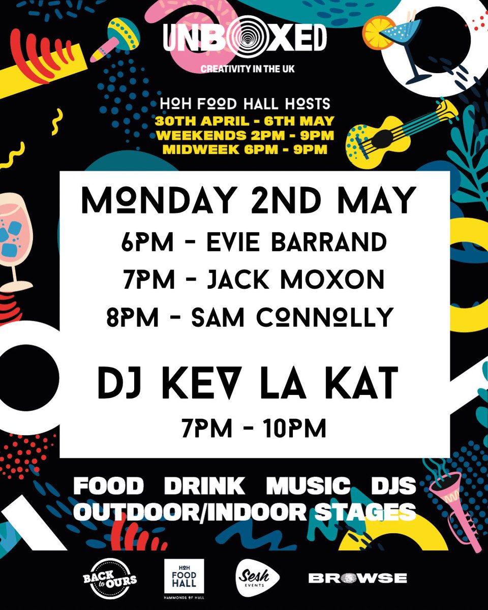 This evenings music lineup 🎶

HOH HOSTS…

UNBOXED 2022 WARM-UP FESTIVAL 

🎸 45 Live Acts
🎧 8 DJs

Monday - Friday this week
6pm - 9pm