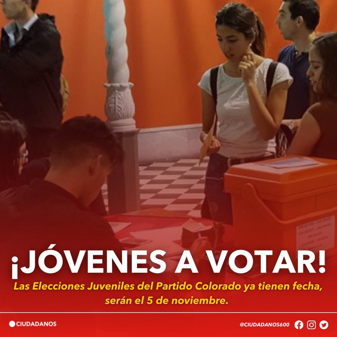 Ciudadanos_10's tweet photo. 🙋‍♀️ ¡JÓVENES A VOTAR!

🗳 Las elecciones Juveniles del @PartidoColorado ya tienen fecha

👉 Serán el 5 de noviembre de 2022 https://t.co/9FEZqzl4rq
