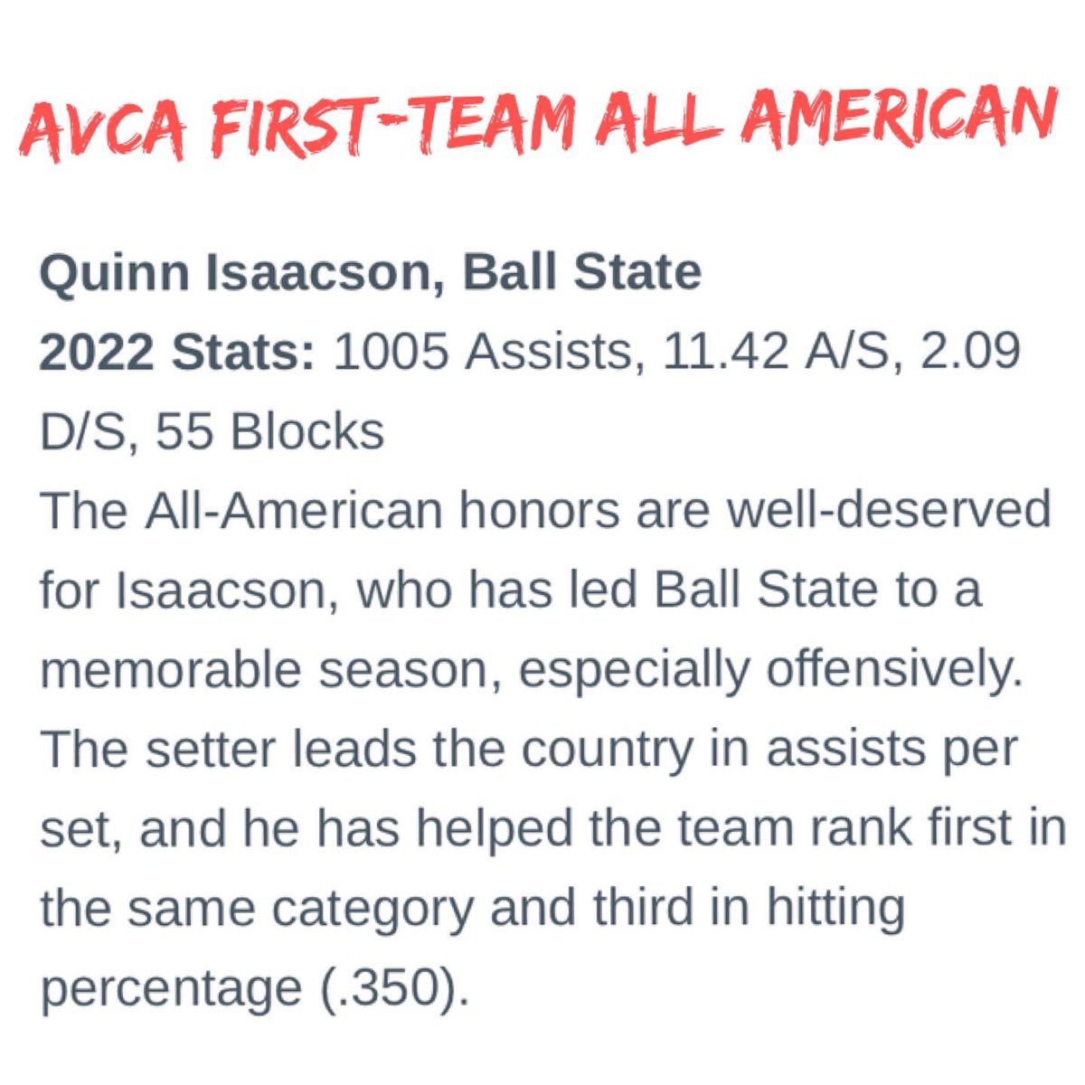 Congratulations to '17 Alumni Quinn Isaacson on being named a NCAA Division I-II First Team All American!