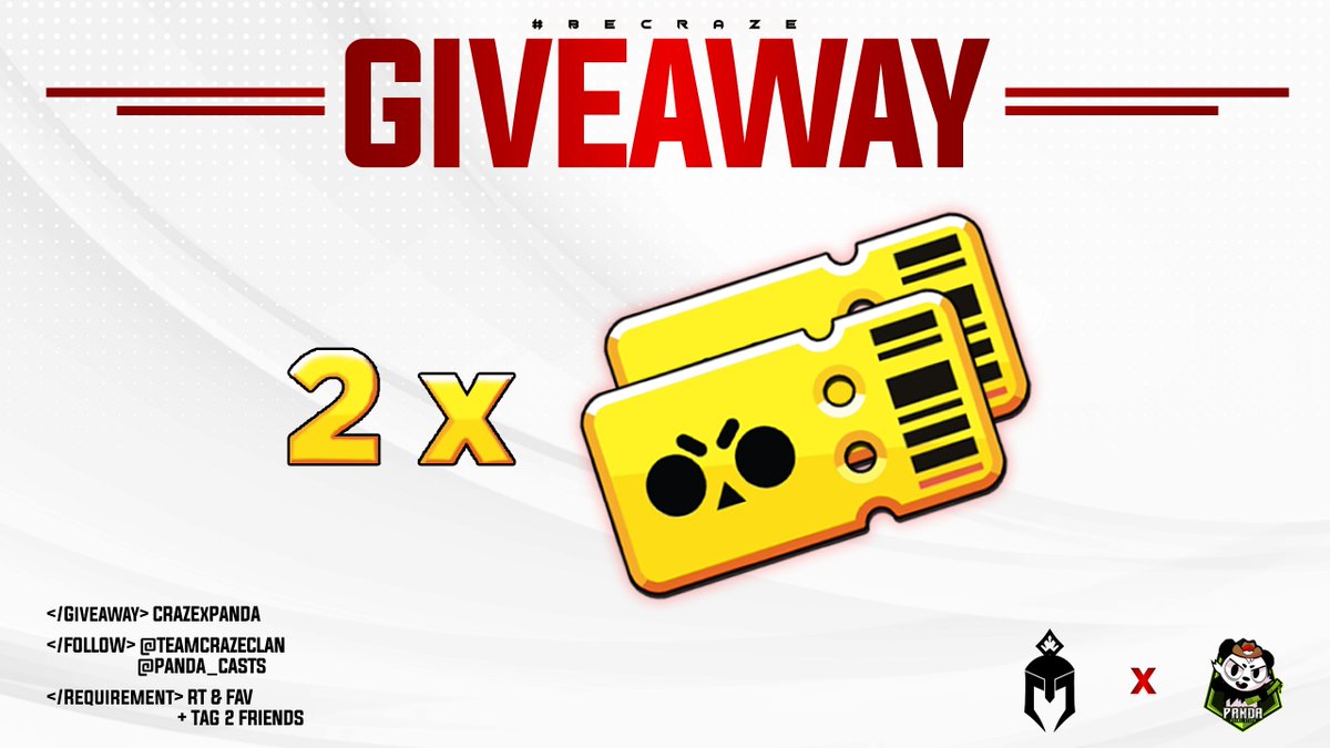 2x Brawl Pass GIVEAWAY! 🎉🎉

ENDS ON SUNDAY!!!

To Enter:
✅ Follow <a href="/panda_casts/">Code: Pan</a>, <a href="/TeamCrazeClan/">CraZe Clan</a> 
❤ Like
🔄 RT
🏷️Tag 2 people

Good Luck! 🍀

#BECRAZE