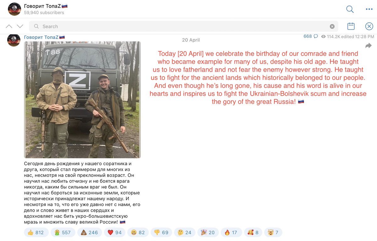 While far-right involvement in Ukrainian army is hugely exagerrated, participation of Nazis in Russian forces is almost ignored. Consider this post where Z-fighters celebrate birthday of their "long-gone comrade" who "taught them how to fight for their historic land" on April 20