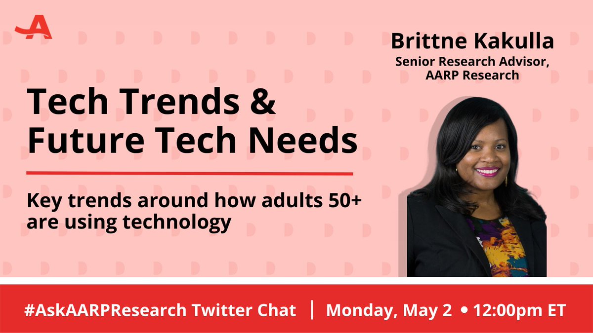 AARPresearch's tweet image. 🔊 Join us in 30 minutes for our live Twitter chat with Senior Research Advisor @DrBrittne as she answers Qs on older adults and #TechUse. Come with Qs or just listen in! Follow along using hashtag #AskAARPResearch. Today at 12pm ET!
