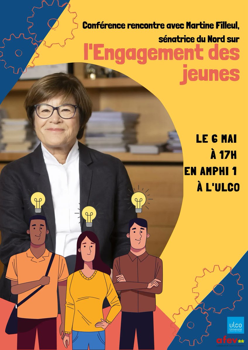 Le 6 mai aura lieu à l'Ulco une conférence sur l'engagement des jeunes présenter par Martine Filleul, sénatrice du nord.

#conférence #afev #Ulco