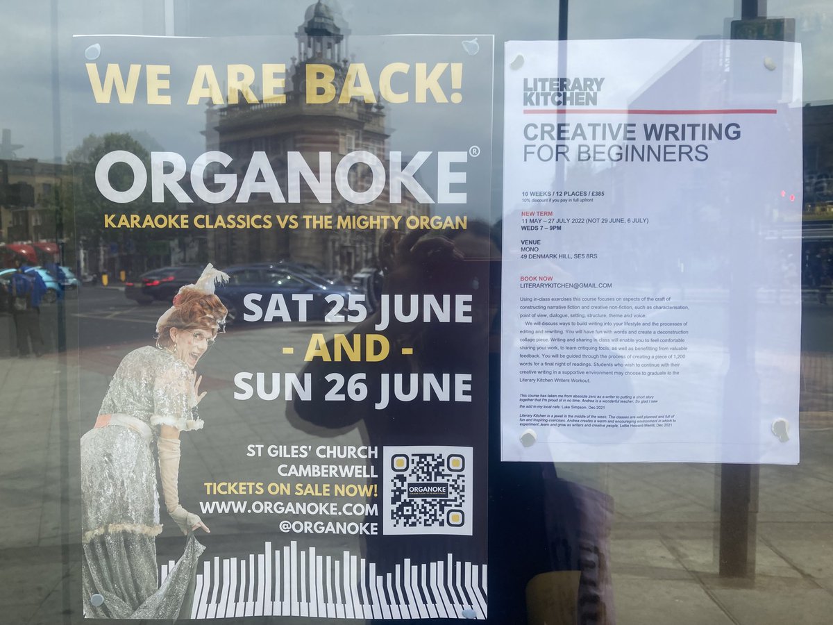 literarykitchen's tweet photo. Keeping good company @TigerCamberwell with #Organoke Thanks for the poster spot 🙏
#CreativeWritingCoursesLondon #Camberwell #SE5 @camberwellnews 🥳 https://t.co/bUYQK80DBt