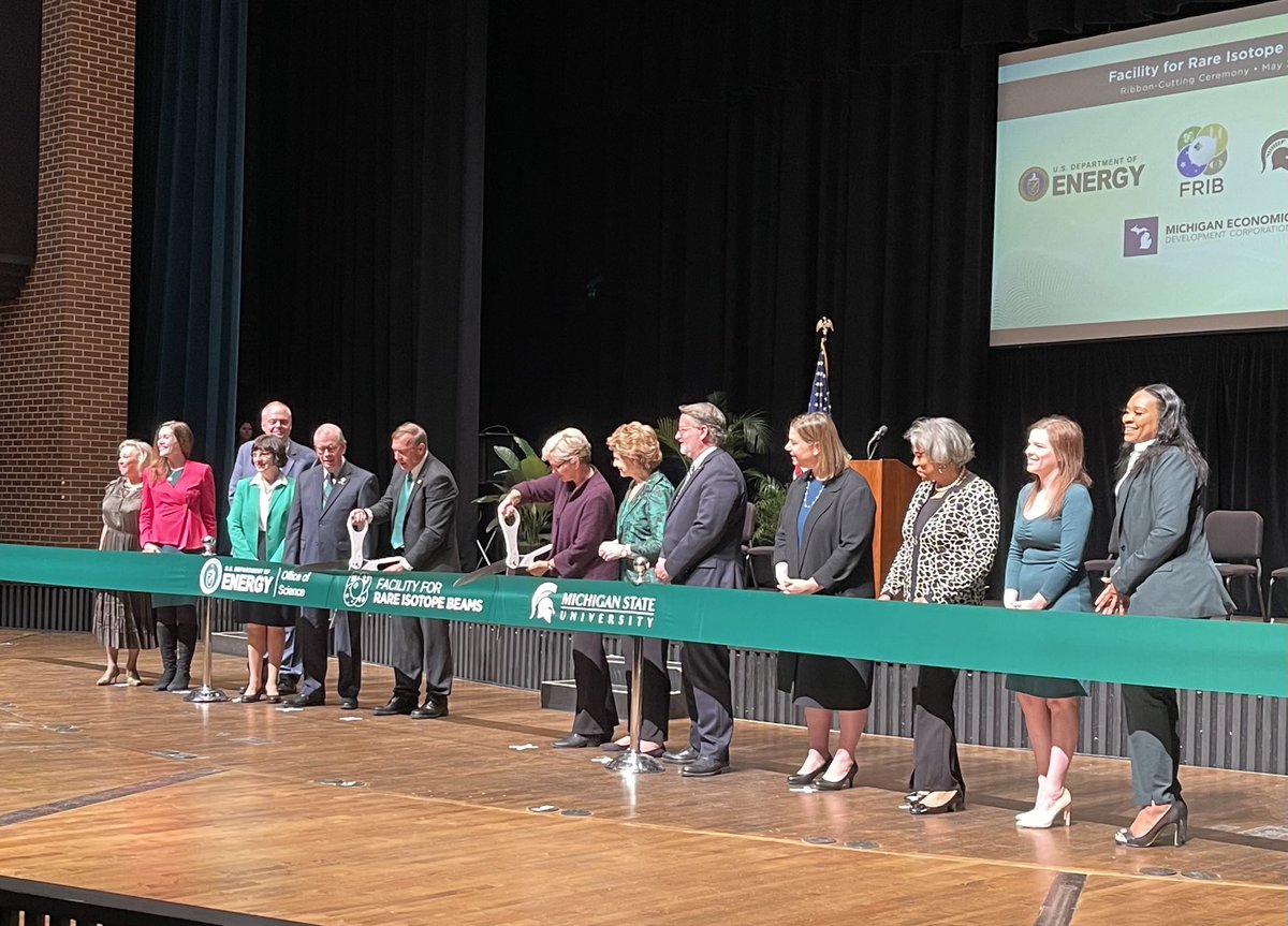 Secretary of energy Jennifer Granholm and MSU president Sam Stanley cut the ribbon of MSU’s Facility for Rare Isotope Beams (FRIB). A $1B project at MSU to help examine the foundations of matter and advance the field of nuclear physics.