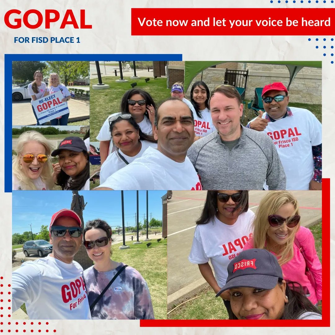 VoteForGopal's tweet photo. t's been so encouraging to see all the support for our campaign but we still have work to do. Let your voice be heard and cast your vote today! 

#gopalforfisd  #ReelectGopal #VoteGopal https://t.co/PpJE20mPZD