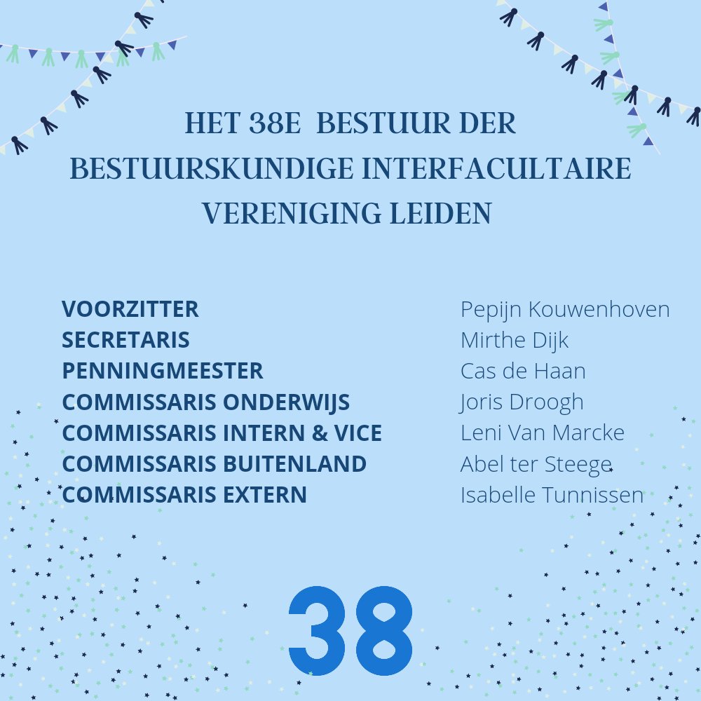 KANDIDAATSBESTUUR
Met gepaste trots presenteren wij vandaag het 38ste kandidaatsbestuur der Bestuurskundige Interfacultaire vereniging Leiden. We hebben er alle vertrouwen in dat deze toppers er een heel mooi jaar van gaan maken!