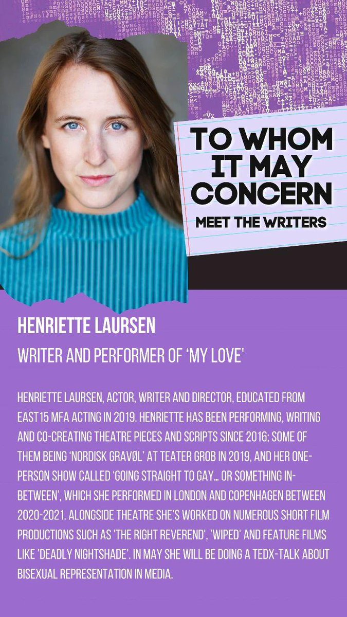 saltcircleprod's tweet photo. It is time for you to meet the wonderful writers of the second 'To Whom It May Concern' (part 1) @EtceteraTheatre (ticket link in the bio)
βββ
#newwriters #theatrereview #theatrenetworking #twimc #lgbtqiwriters #playwrights https://t.co/ayOV95Etem