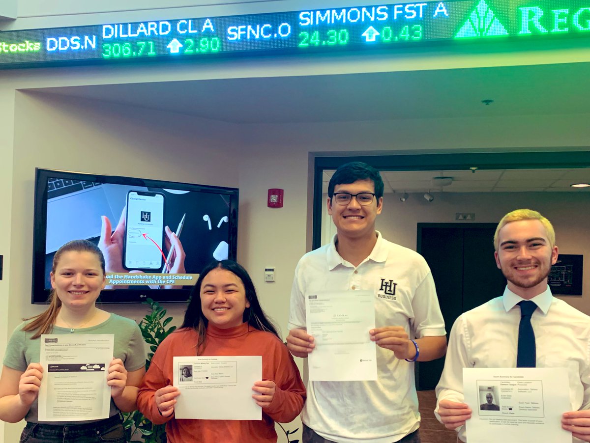 MercerEmmie's tweet photo. A big congrats to Brittany Tate, AJ Hudkins, and Dawson Teague for passing the @tableau desktop certification exam. And Elizabeth Brooks passed the @msexcel certification exam! Great work! @Harding_COBA https://t.co/iT6DH3OYo5