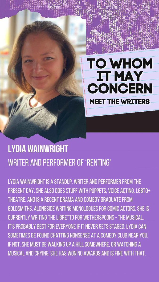 saltcircleprod's tweet photo. It is time for you to meet the wonderful writers of the second 'To Whom It May Concern' (part 1) @EtceteraTheatre (ticket link in the bio)
βββ
#newwriters #theatrereview #theatrenetworking #twimc #lgbtqiwriters #playwrights https://t.co/ayOV95Etem