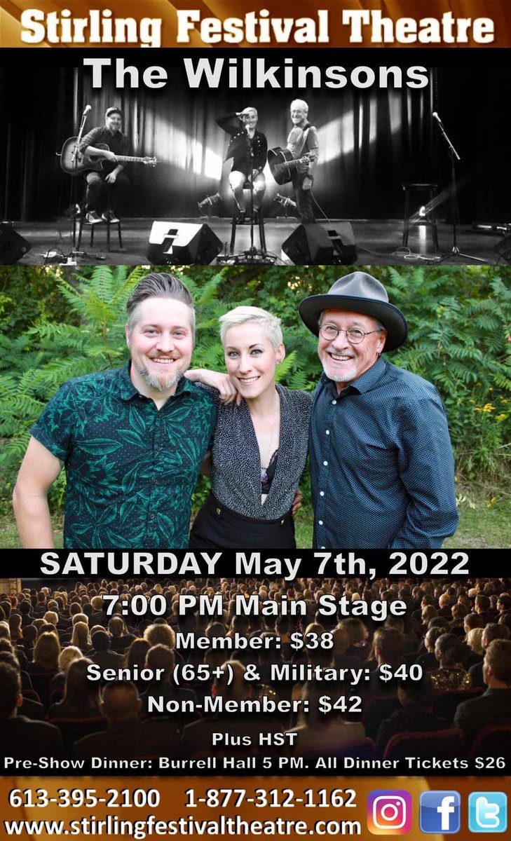 THE WILKINSONS    THIS Saturday, May 7, 7 PM

Our Box Office is open Tuesday to Friday from 10 AM to 2 PM and 4 hours before showtime.
Call 613-395-2100 or buy tickets anytime at 
stirlingfestivaltheatre.com/tickets/

#laughlistenlocal