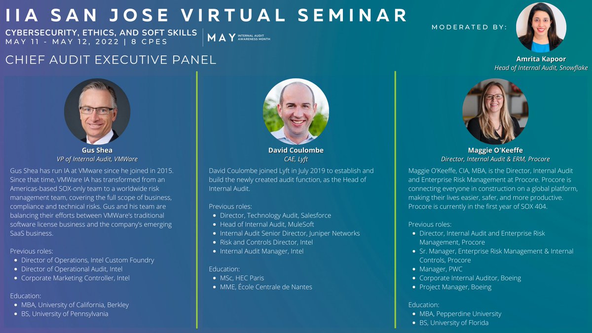 IIASanJose's tweet photo. It is Internal Audit Awareness Month! We will be having a Chief Executive Audit Panel in our two-day virtual seminar on May 11-12!

Register now! https://t.co/V1jsM9GHhG

#IIA #iiasj #audit #cybersecurity #ethics #cpe #virtual #auditboard #crowe #grantthornton #soaprojects https://t.co/uDioY456LD