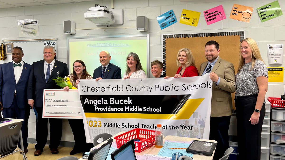 So excited to announce the @ccpsinfo Middle School Teacher of the Year is our very own @PVMSRams Angela Bucek! Congratulations - they couldn’t have picked a better one!