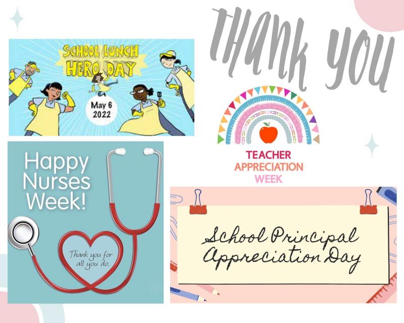 STAFF APPRECIATION 
We would like to take the time to say THANK YOU!!! 
Principal Appreciation Day – May 1st 
Teacher Appreciation Week – May 2nd – 6th 
Nurses Appreciation Day – May 6th
School Lunch Hero Day – May 6th
thorndale.txed.net/34555?articleI…